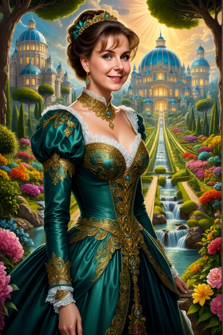 A magnificently adorned woman with victorian-inspired attire,  clear and detailed blue green eyes and face,  full body por...