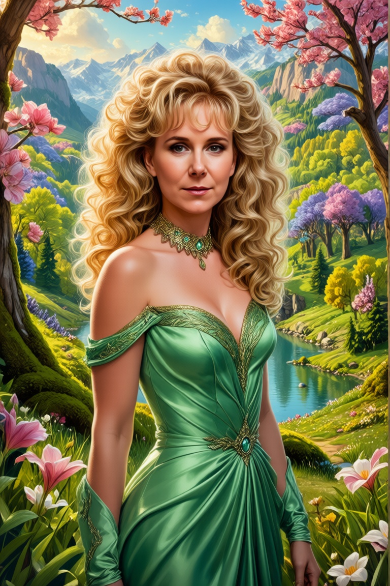 Flora Aurora,  Portrait of handsome Goddess with long blonde curly hair,  looks like a fusion of Olivia Newton-John and Ev...