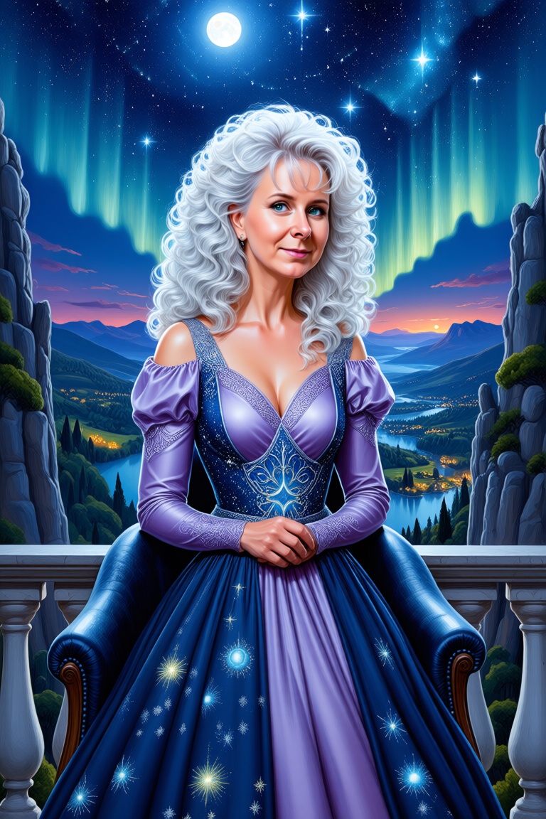 A serene,  ethereal woman with white long,  curly hair sitting in a comfortable chair on Tensor.Art