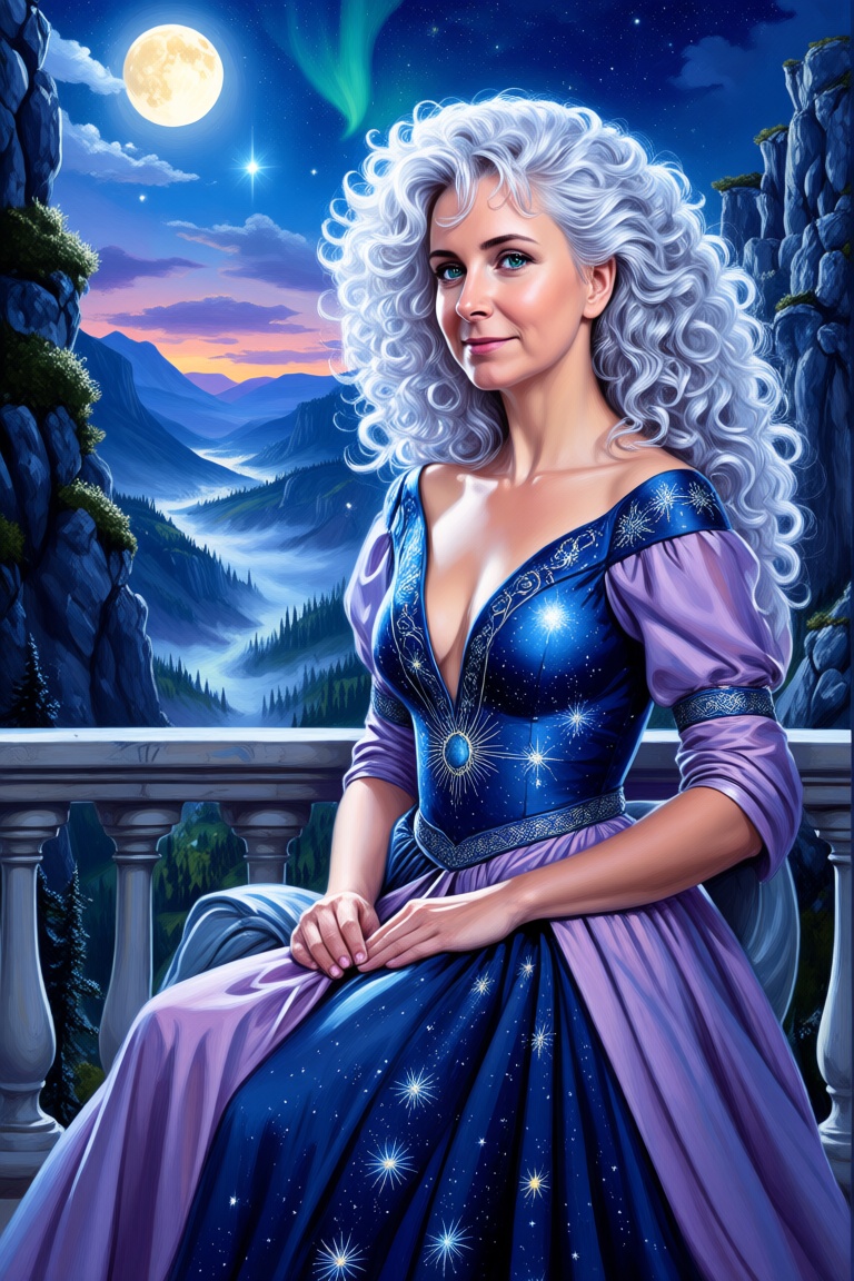 A serene,  ethereal woman with white long,  curly hair sitting in a comfortable chair on Tensor.Art