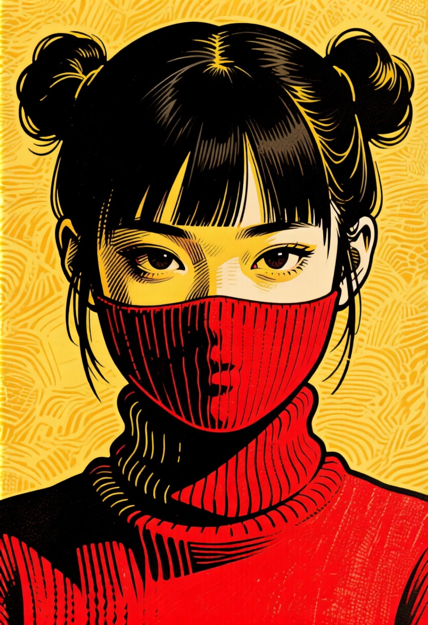 A young woman with East Asian features appears in a woodblock-style print with a vintage,  textured look. She has dark,  s...