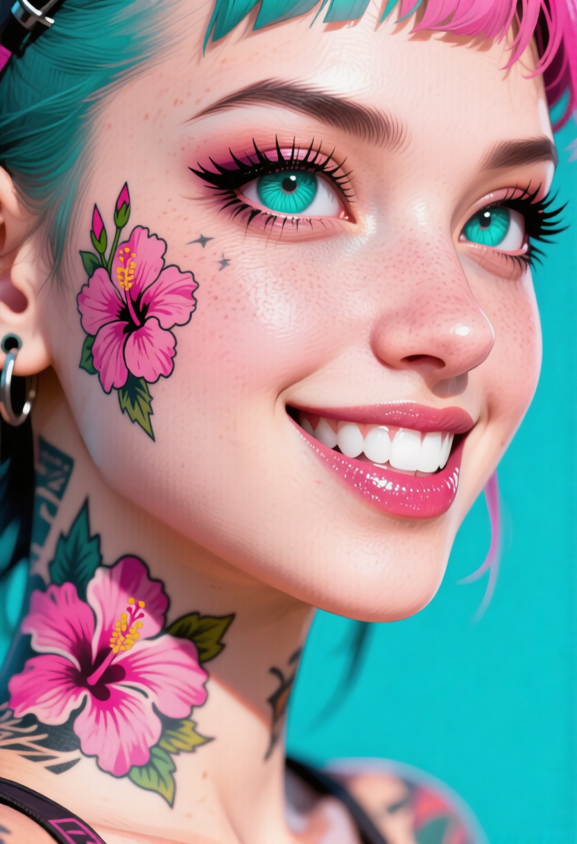 Hyperrealism,  extreme close-up Portrait of a beautiful,  stunning unique female character. She has large turquoise eyes f...