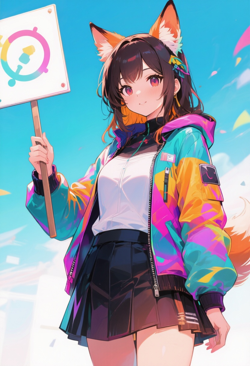 anime - style woman in a colorful jacket and skirt holding a sign,  artwork in the style of guweiz,  guweiz masterpiece on...