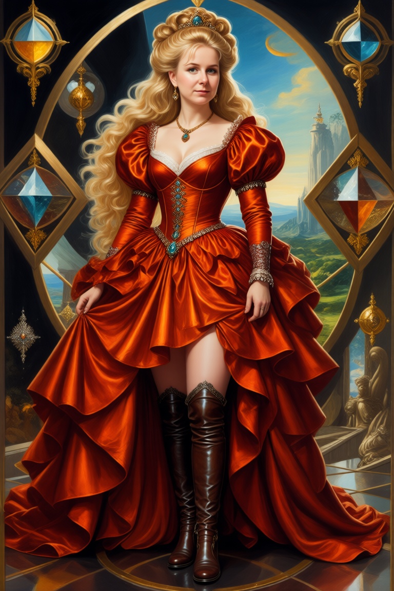 Elayne Trakand portrayed as a princess of ethereal beauty,  cloaked in enchanting artifacts,  with a cascading blonde updo...
