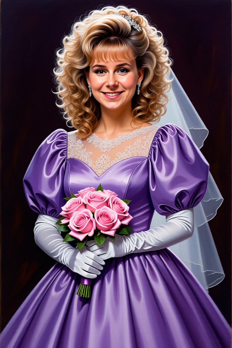 Modern purple corsage dress worn by young Manuela Wood,  oil painting in Hudson River School style,  VisionBlue color pale...
