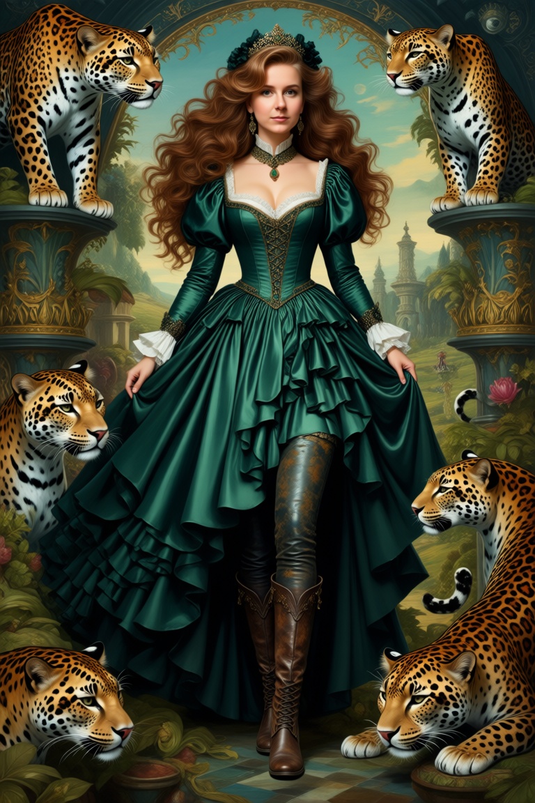 Maggy Magic depicted as a dominant princess (brown long hair),  shrouded in Pumas,  adorned in a dark mint victorian silk...