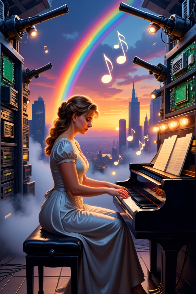 Hyperrealistic painting of a woman engrossed in playing a piano with musical notes swirling and a rainbow blending into a...