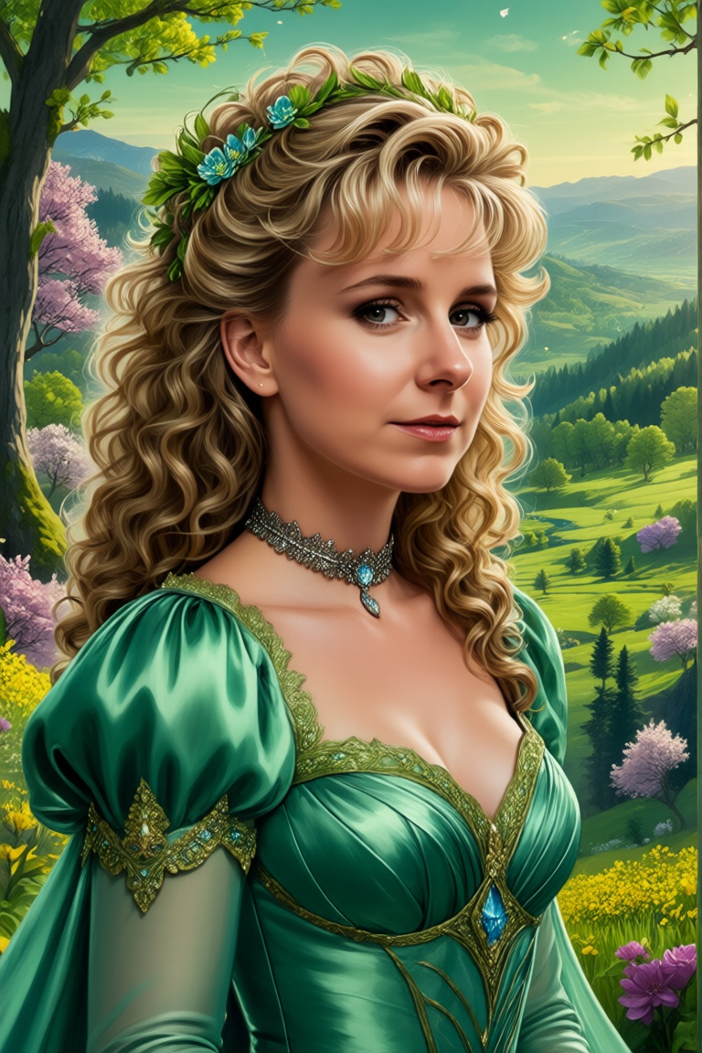 Flora Aurora,  Portrait of handsome Goddess with long blonde curly hair,  looks like a fusion of Olivia Newton-John and Ev...