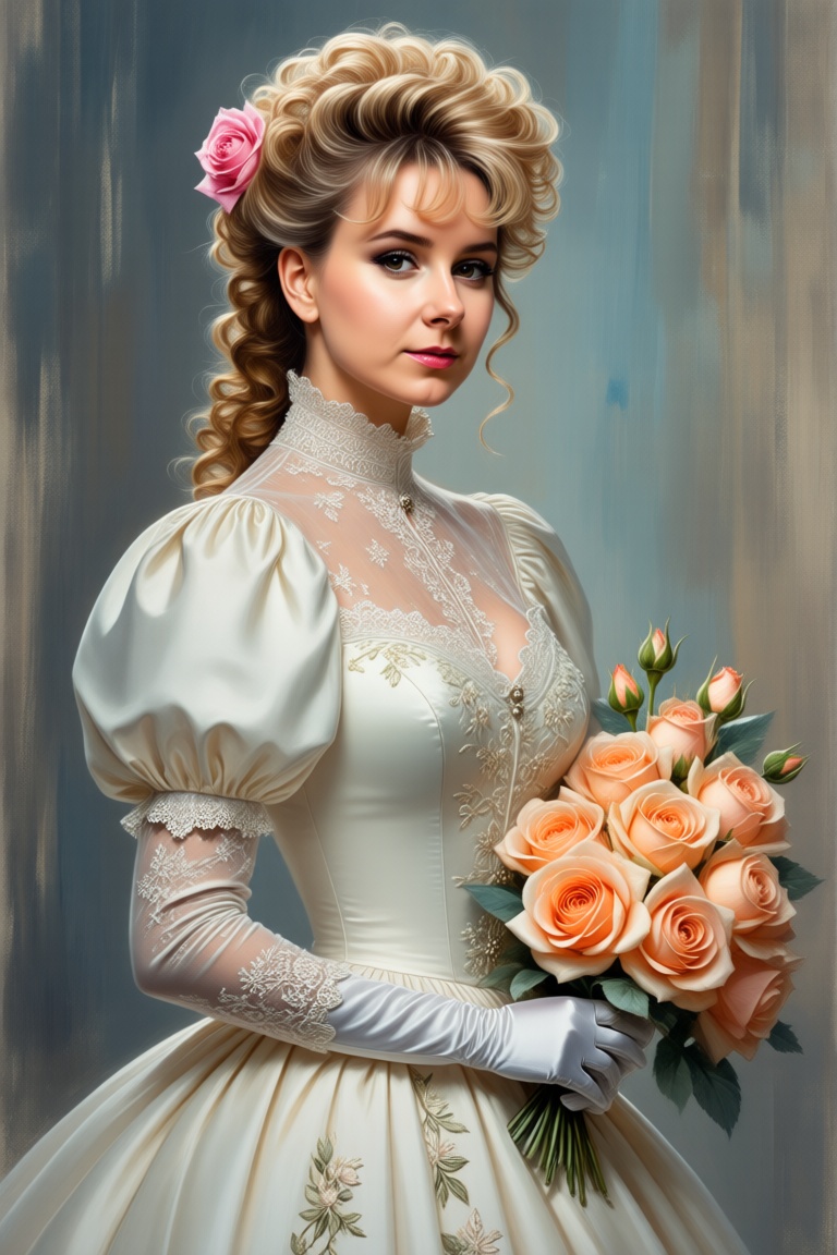 A portrait painting depicts a young woman standing slightly to the right of center,  facing forward with a poised expressi...