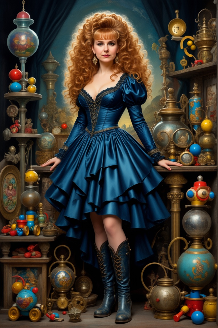 Lara Lovegood depicted as a seductress,  shrouded in faded old artefacts,  her hair styled in long permed curly 80s hairst...