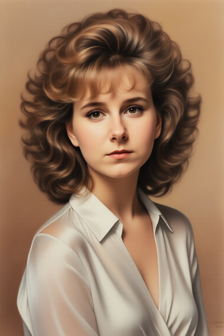 A vintage color ink artwork of a young woman in her late teens or early twenties,  captured in a soft-focus style reminisc...
