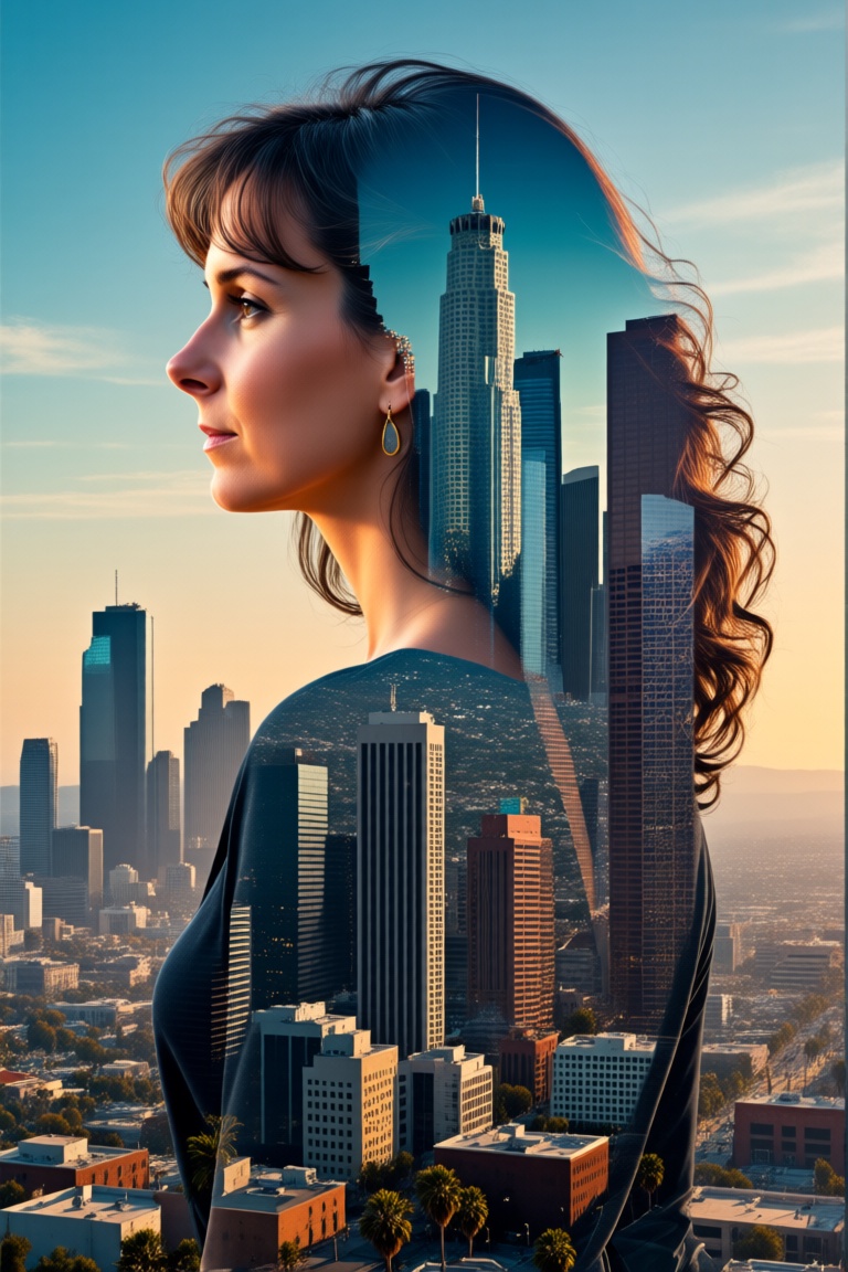 Maria del Mar standing before the Los Angeles cityline,  double exposure effect combining her silhouette with the urban sk...