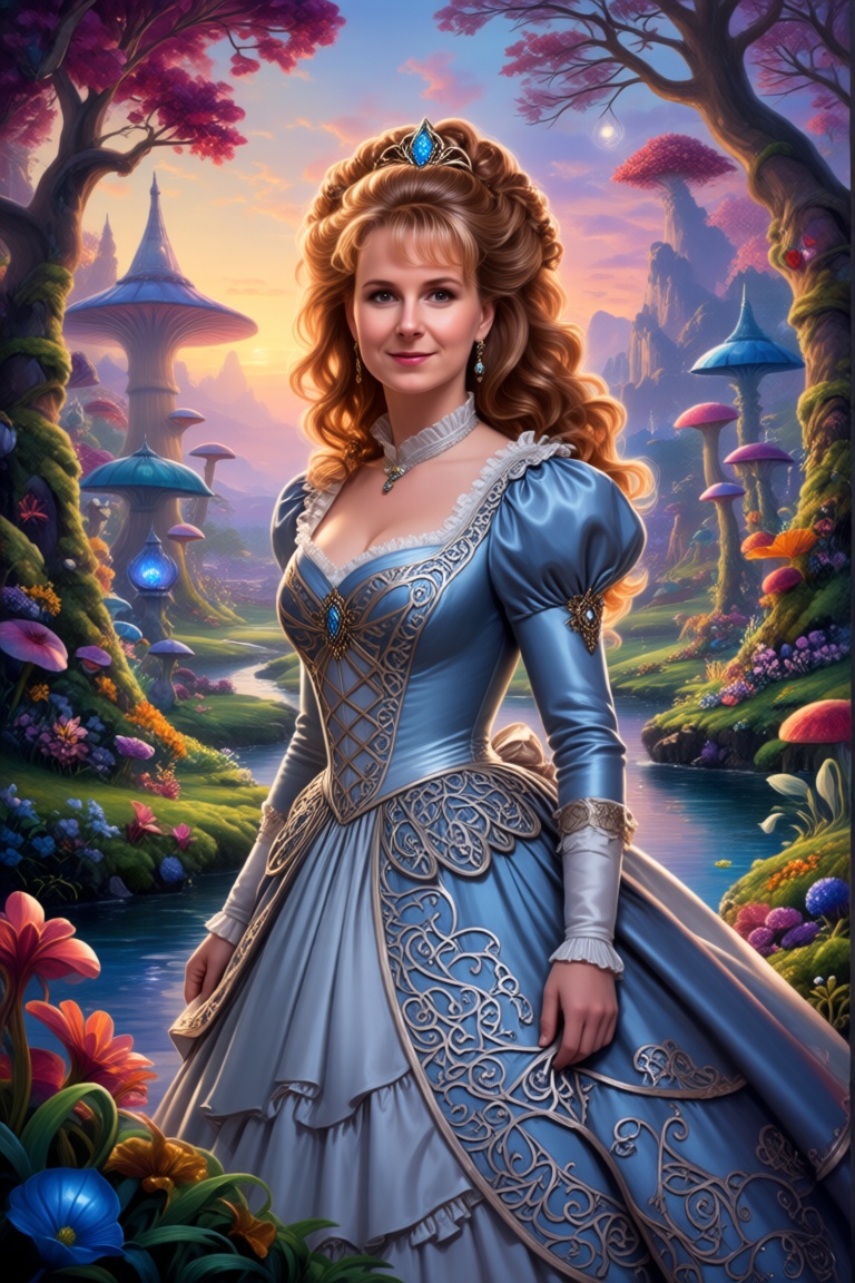 Alice in the wonderland,  merges Thomas Kinkade's soft glow and Carne Griffiths' liquid lines,  composite features of Lynn...