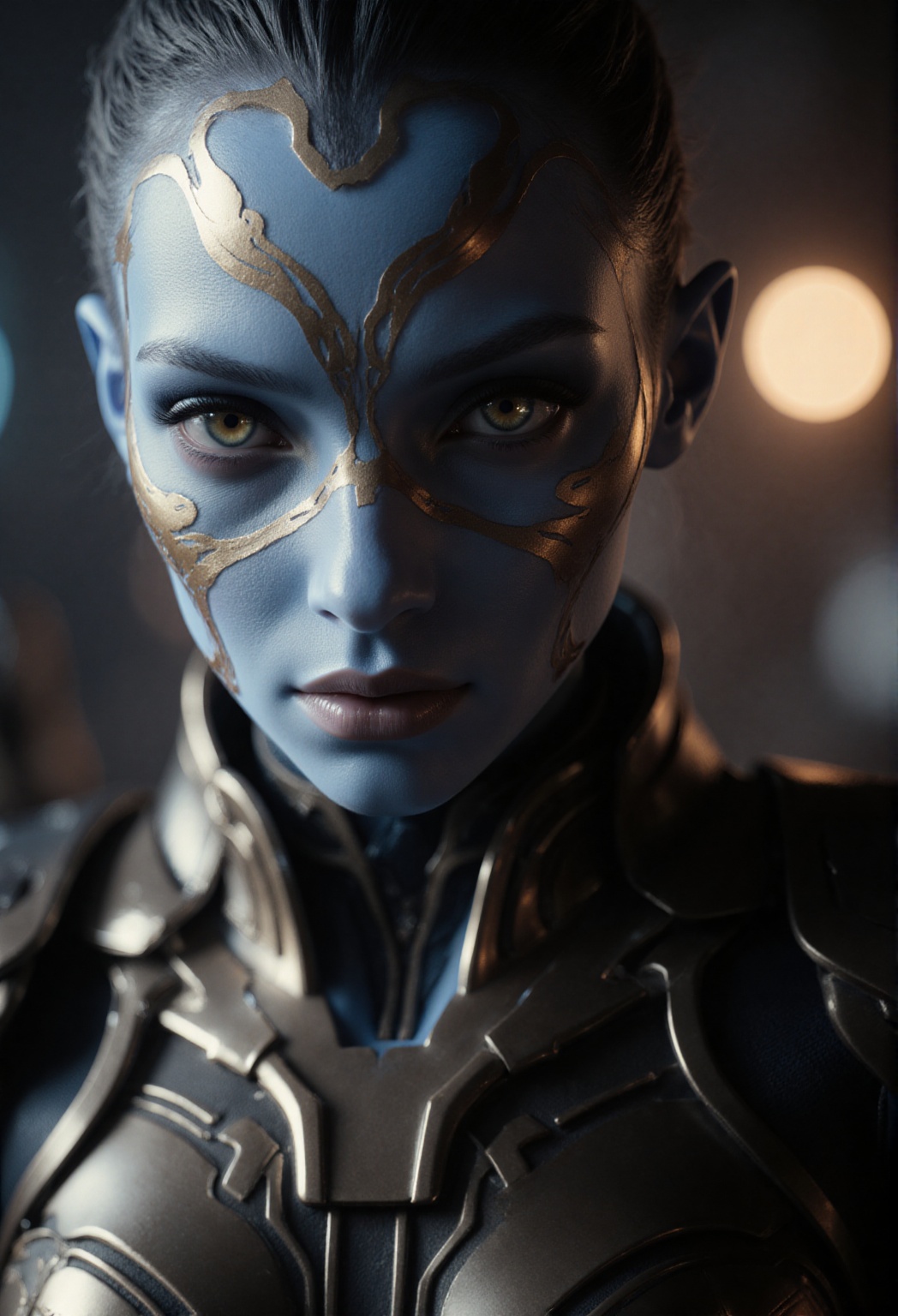 A close-up of an elegant beautiful alien female with striking blue skin and intricate,  swirling golden patterns on their...