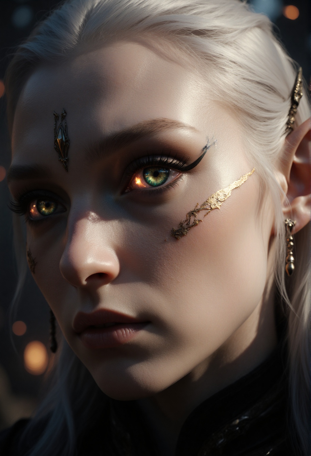 A breathtaking,  cinematic extreme close-up of a female elf archer’s face,  captured from a dramatic side angle on Tensor.Art