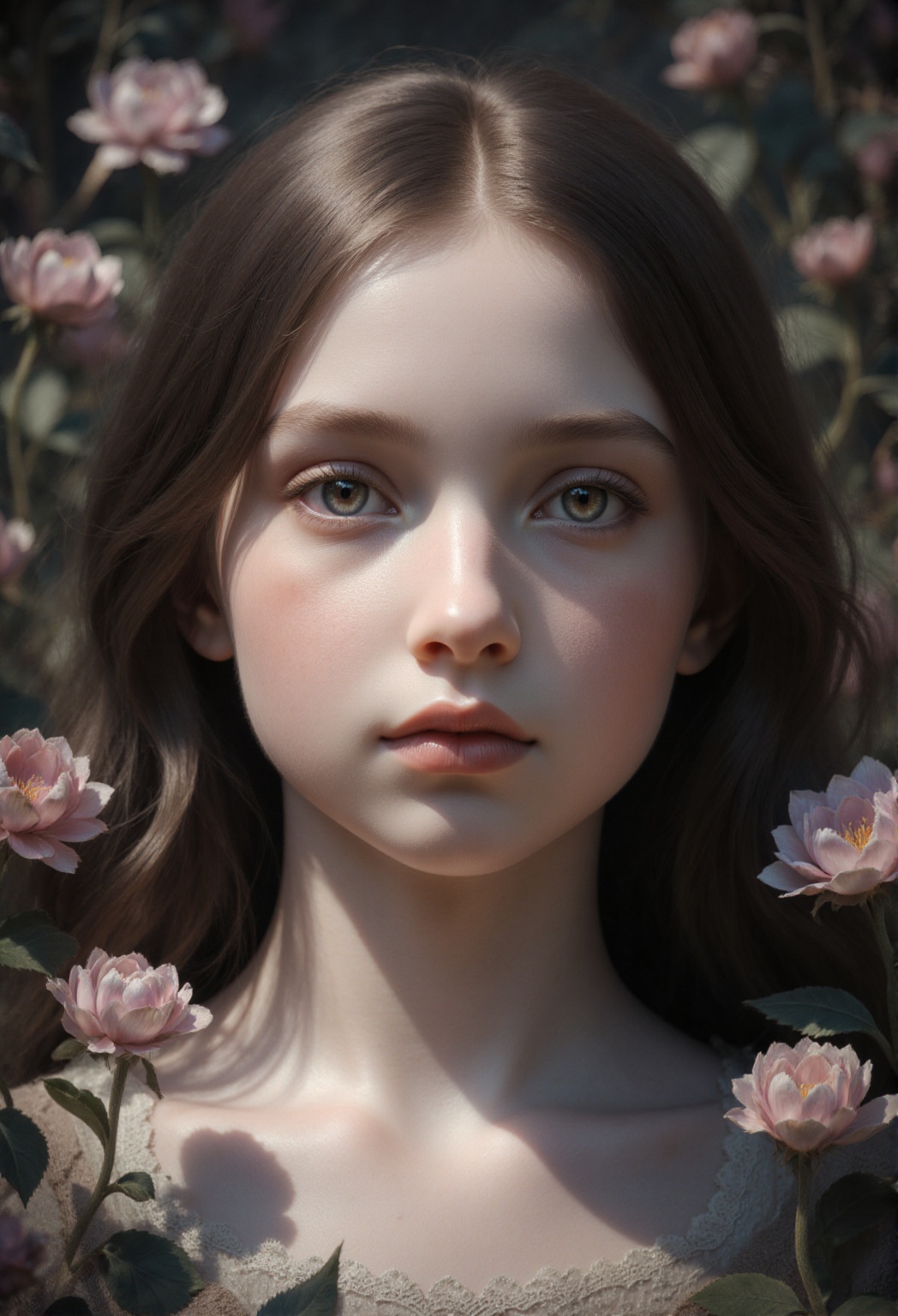 A stunning photorealistic portrait of a breathtakingly beautiful girl gazes directly into the camera's lens from a tight,...