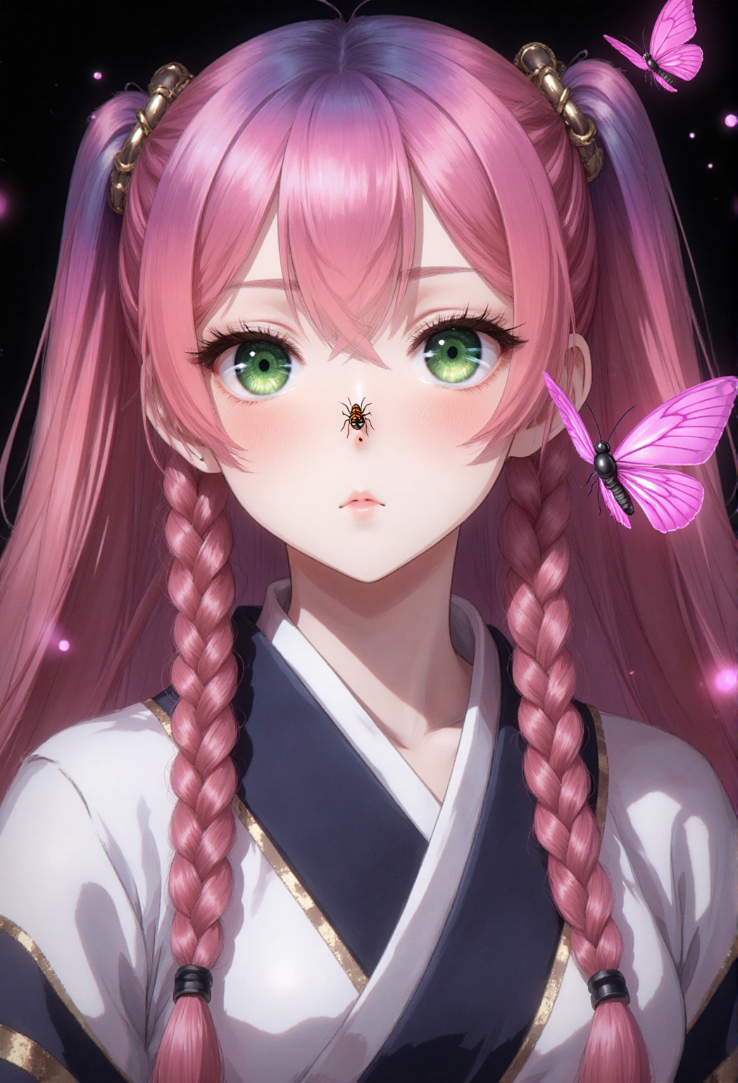 A portrait of a solo girl with long,  multicolored hair,  including gradient and pink VFX elements. She has green eyes on...