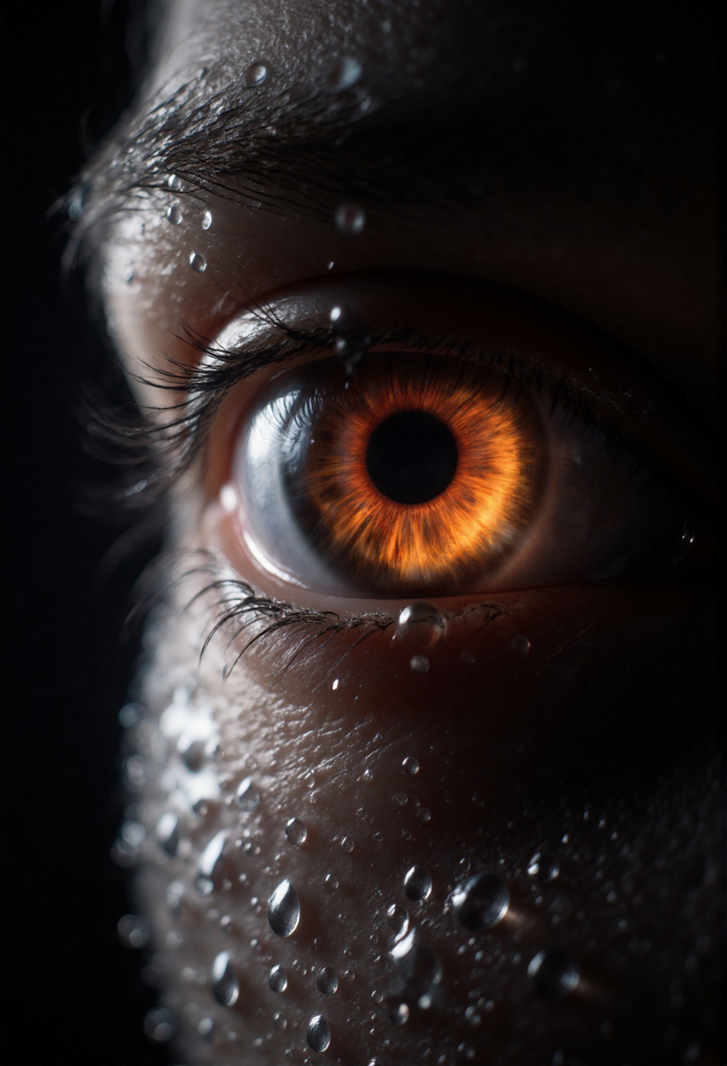 A close-up of a human eye with intense orange glow in the iris. Surrounded by small,  reflective droplets giving a liquid...