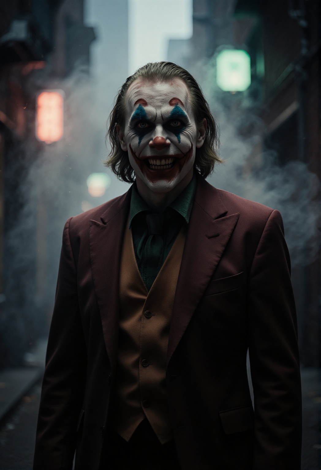 A hauntingly beautiful yet deeply unsettling portrait of the Joker from the 2019 movie. He stands in a dimly lit alley,  w...