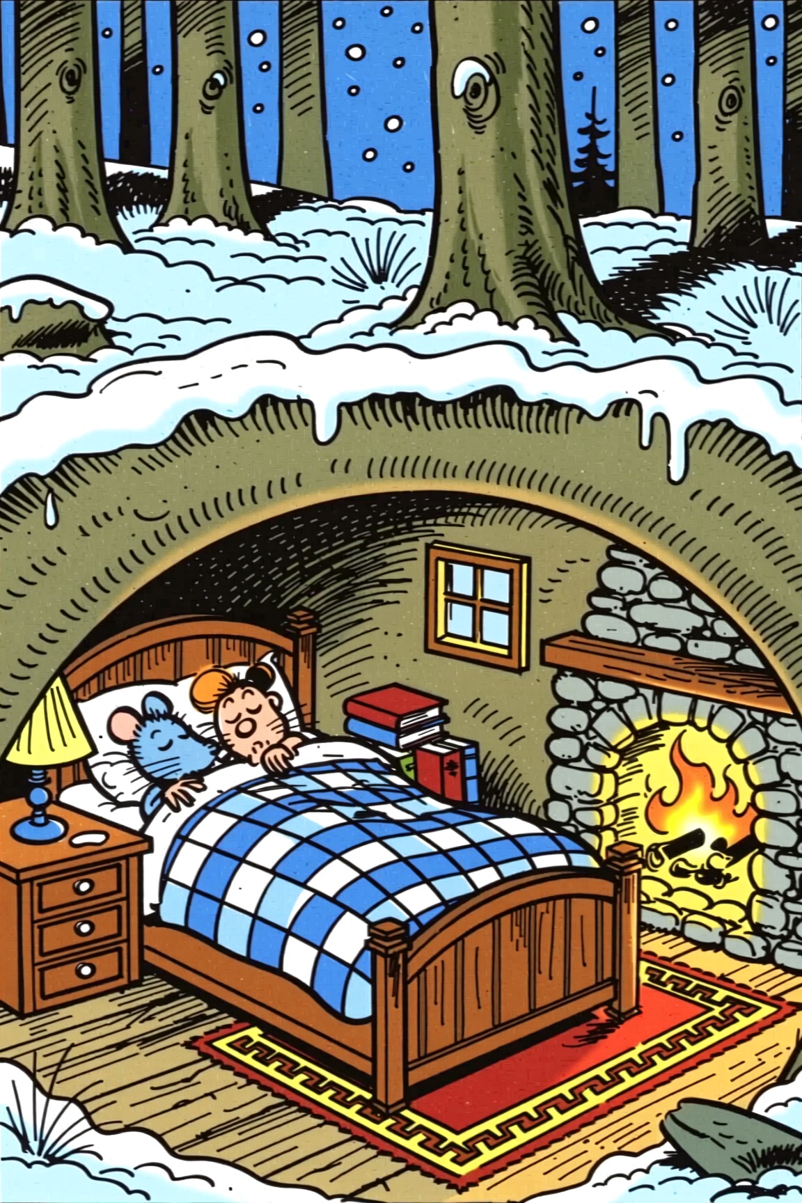 A bande dessinée style image of a cozy underground scene featuring a couple of married mice sleeping peacefully in a woode...
