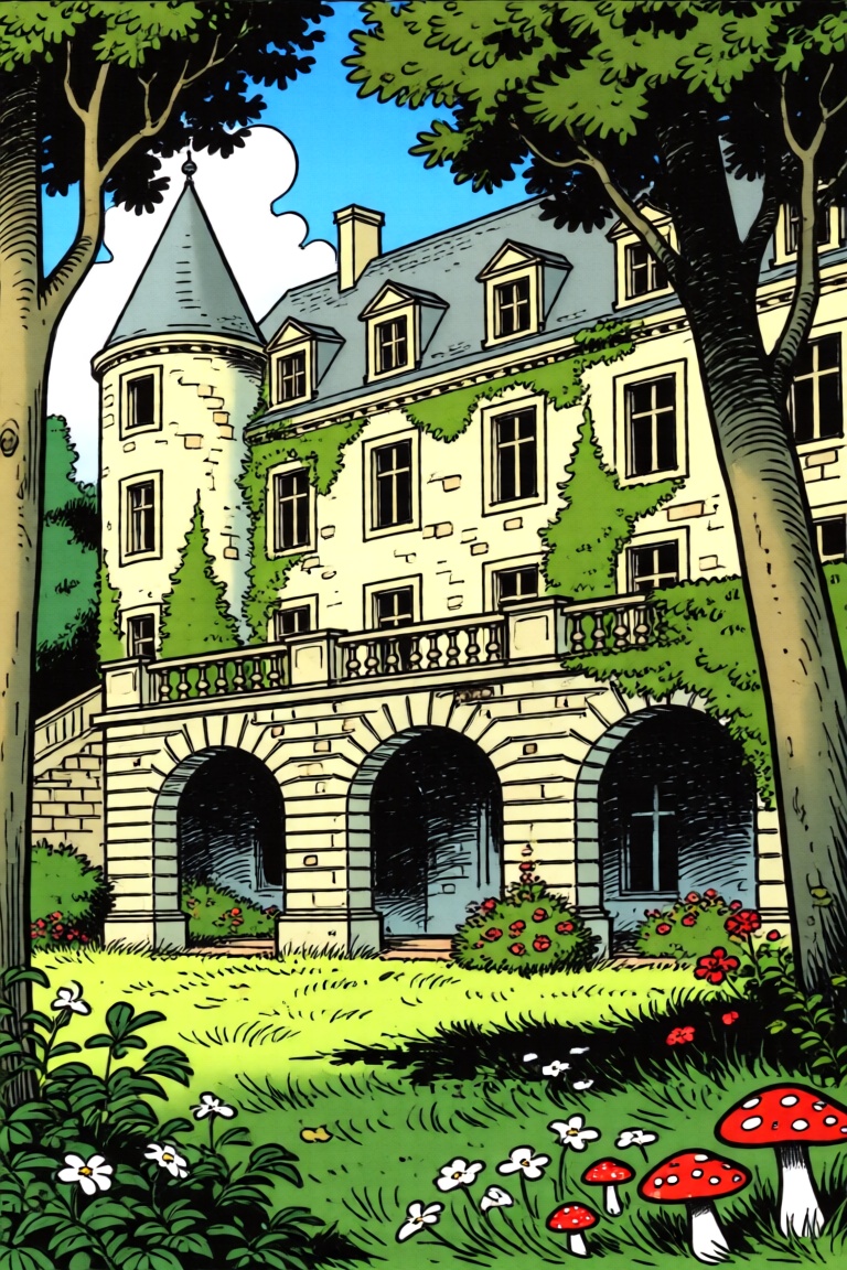 A bande dessinée style image of an old,  abandoned French château surrounded by lush greenery and a serene atmosphere. The...