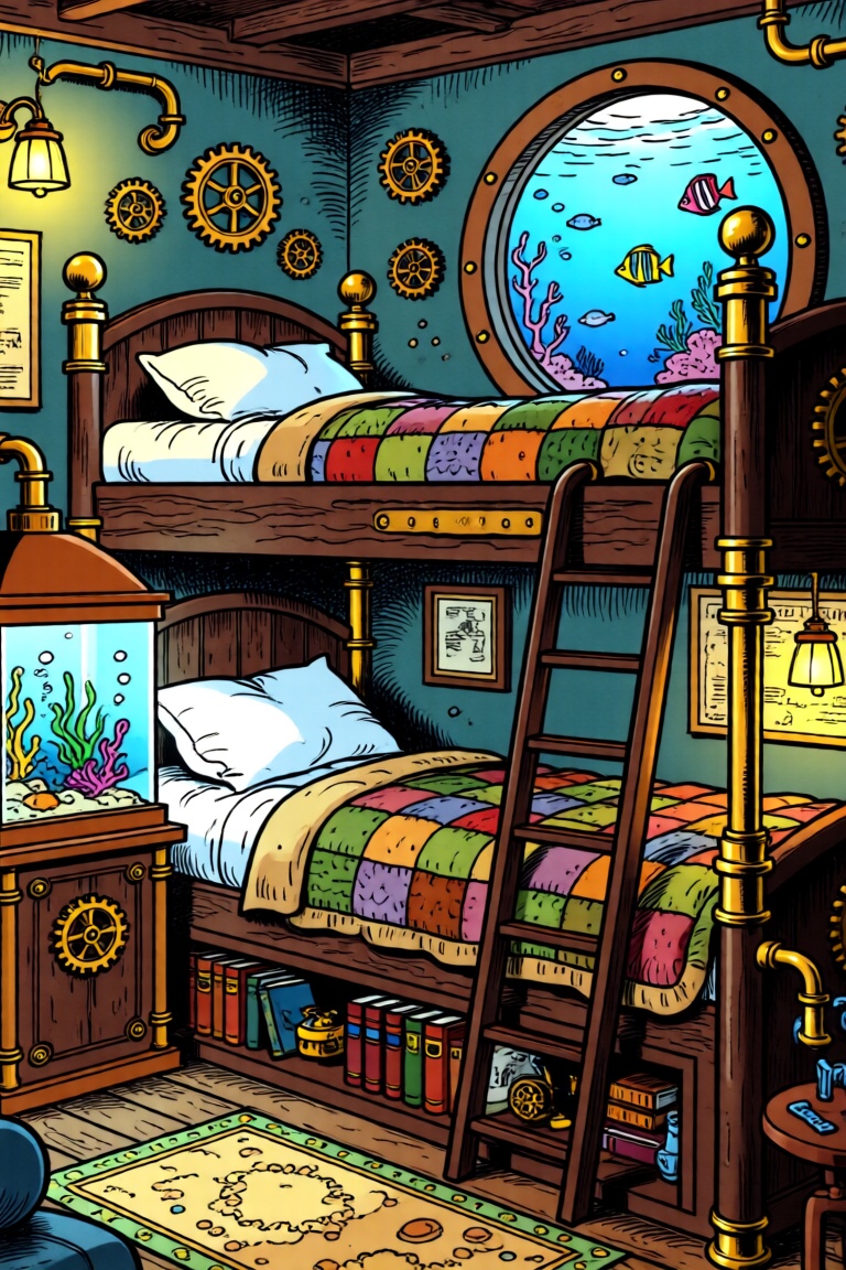 A bande dessinée style image of a cozy steampunk bedroom located at the bottom of the ocean,  filled with intricate detail...