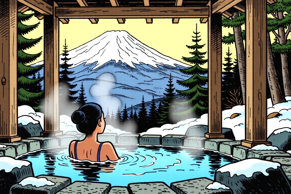 bande dessinée style image of a serene,  picturesque view of an outdoor hot spring with a snowy mountain visible in the di...
