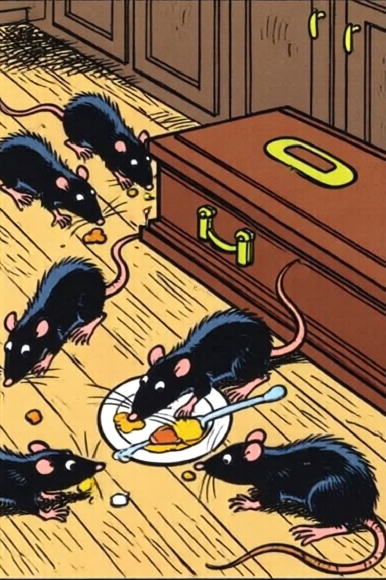 A bande dessinée style image of a group of black rats on a wooden floor. The rats appear to be engaged in various activiti...