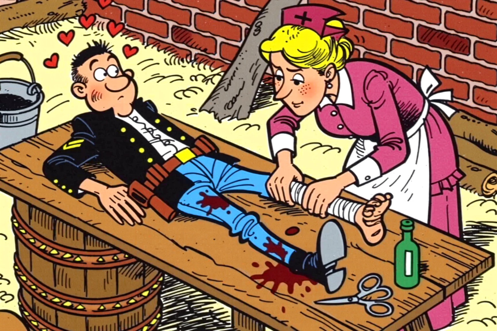 A bande dessinée style image of a humorous scene of a wounded soldier lying on a makeshift table made of a wooden plank su...
