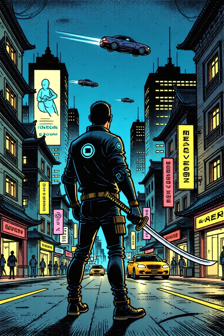 A bande dessinée style image of a futuristic man standing in a street of a cyberpunk city by night. He faces away,  wearin...