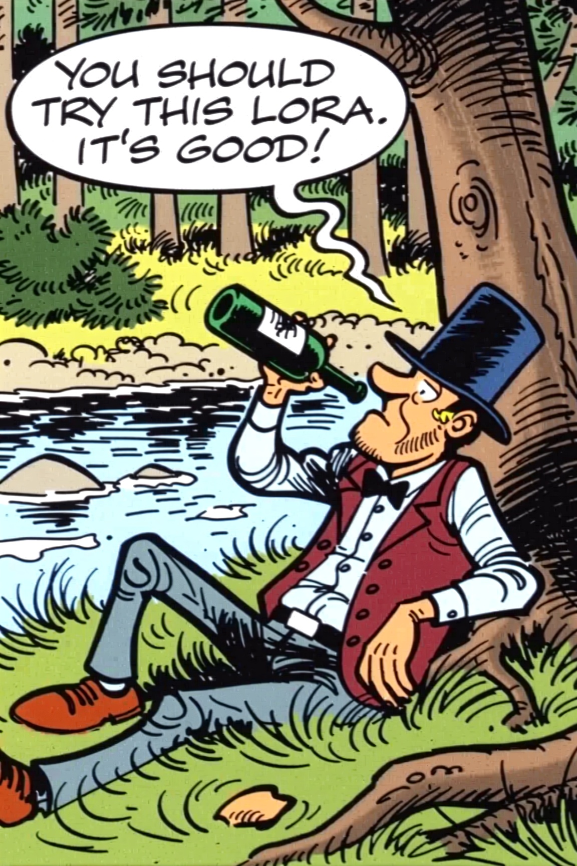 A bande dessinée style image of a man sitting on the bank of a river,  drinking from a bottle of wine. He is wearing a top...