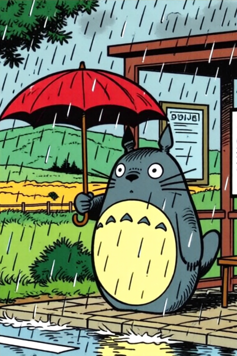 a bande dessinée style image of Totoro holding a red umbrella under an heavy rain at a bus stop in the countryside on Tens...