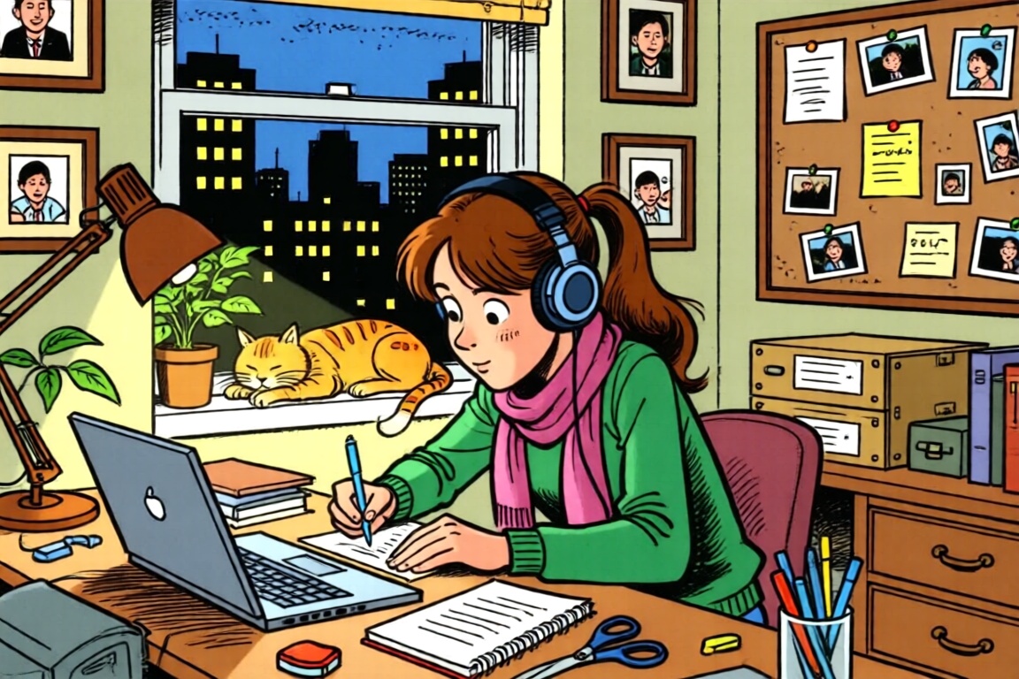 a bande dessinée style image of a cozy,  well-lit workspace within a home. A student girl with brown hair tied in pigtails...
