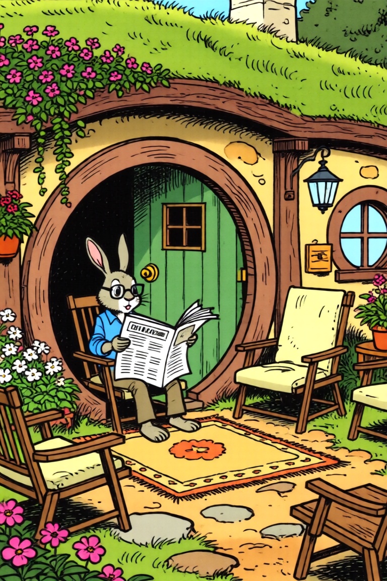 a bande dessinée style image of a cozy,  serene scene at the entrance of a round,  hobbit-like home. There is a rabbit sit...
