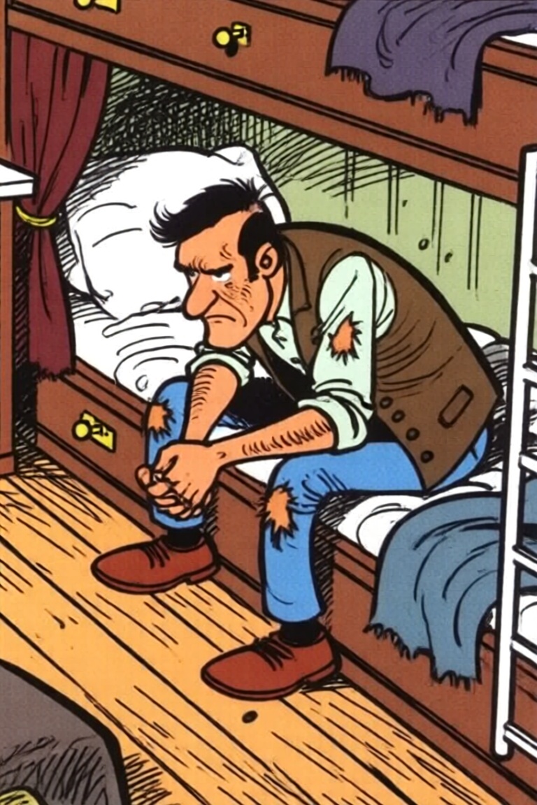 A bande dessinée style image of a man sitting on a bunk bed in what appears to be a modest,  cramped living space. His clo...