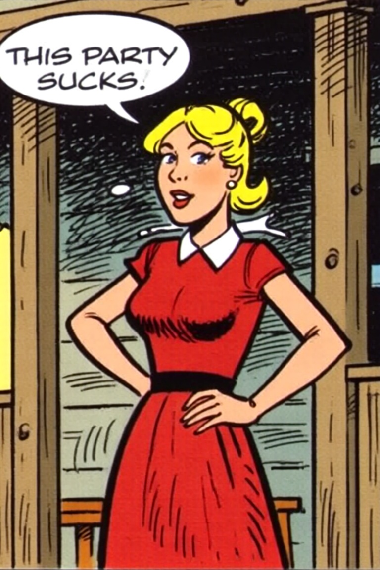 A bande dessinée style image of a young woman in a red dress. She is standing in front of a wooden structure. The woman ha...