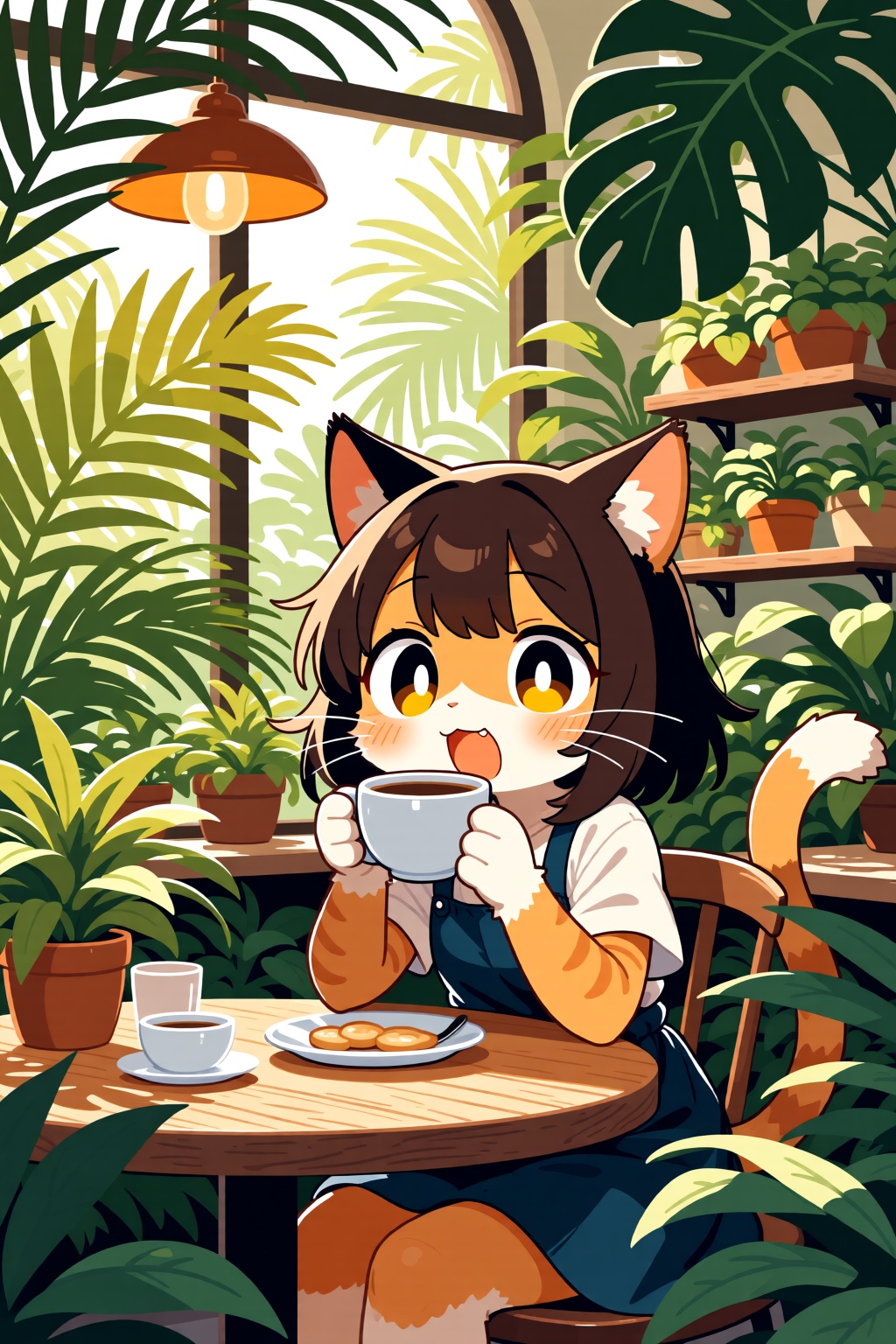 The cat girl is drinking coffee in a cafe full of tropical plants.,  picture book style,  fang on Tensor.Art