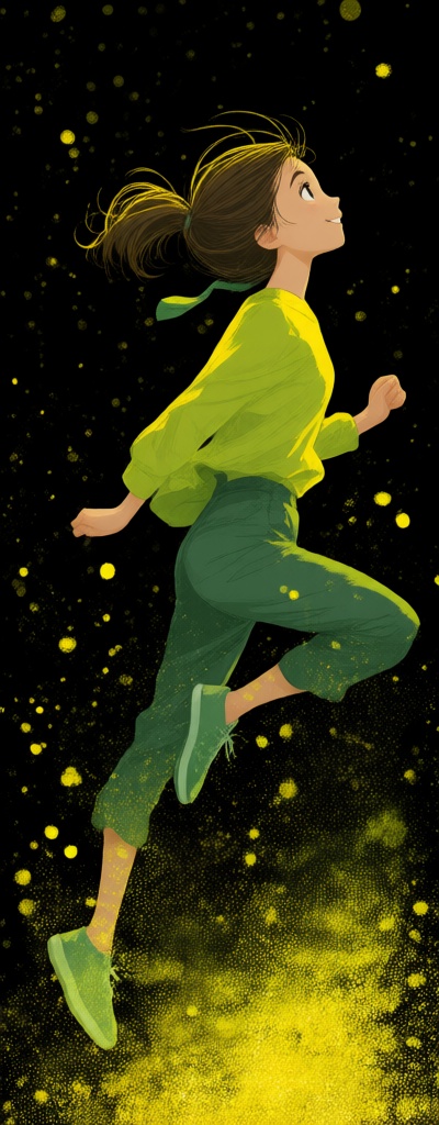 治愈插画 一个女孩在空中跳跃的动画图像。这个女孩穿着明亮的黄色衬衫和绿色的裤子。她的头发被马上拖回马尾辫。背景是黑色的,  散布着黄色的点。 on Tensor.Art