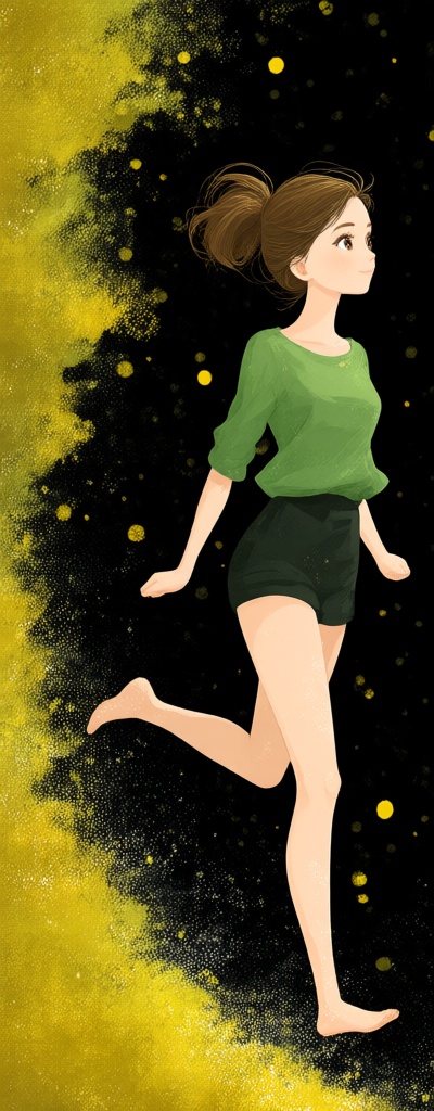治愈插画 一个穿着绿色衬衫和黑色裙子的女孩的动画形象。那个女孩长长的棕色头发绑在马尾辫上。她正朝图像的左侧奔跑。背景是黑色的,  黑色背景上有黄点。女孩的左侧有一棵树。树上有黄色的叶子。 on Tensor.Art