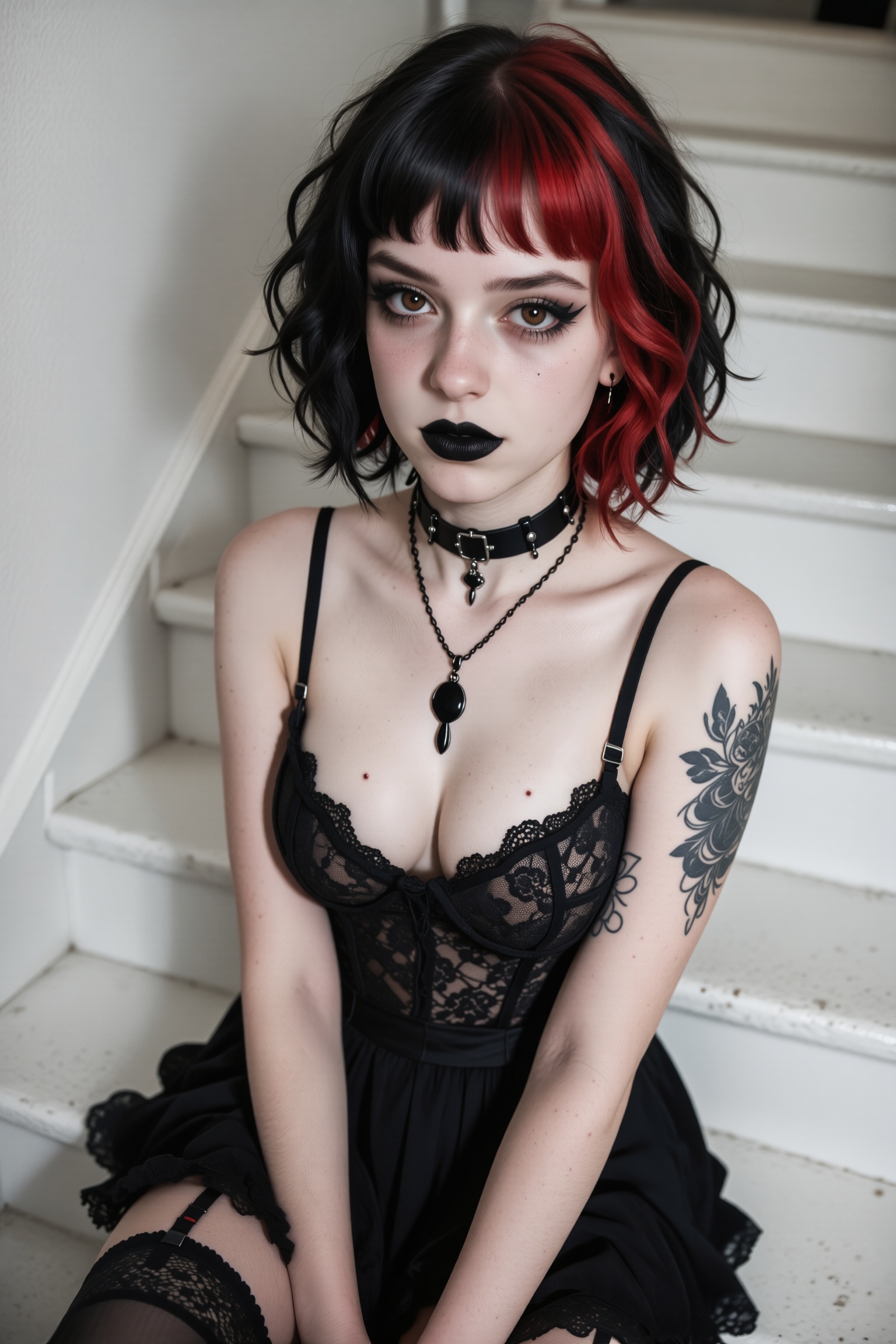 Goth girl with two-tone black and red hair. Short wavy hair. Black lace dress and black choker on her neck. Blackwork tatt...