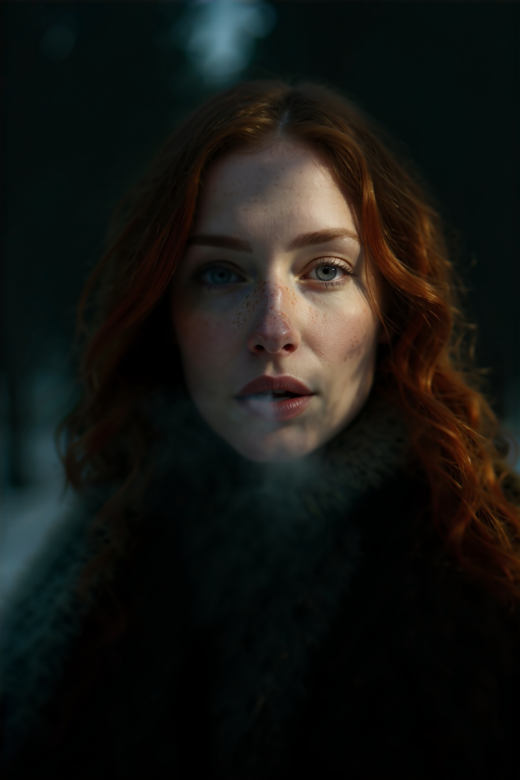 Close up front view portrait of an elegant woman in a winter pine forest. Her long wavy ginger hair frames a fine pale fac...