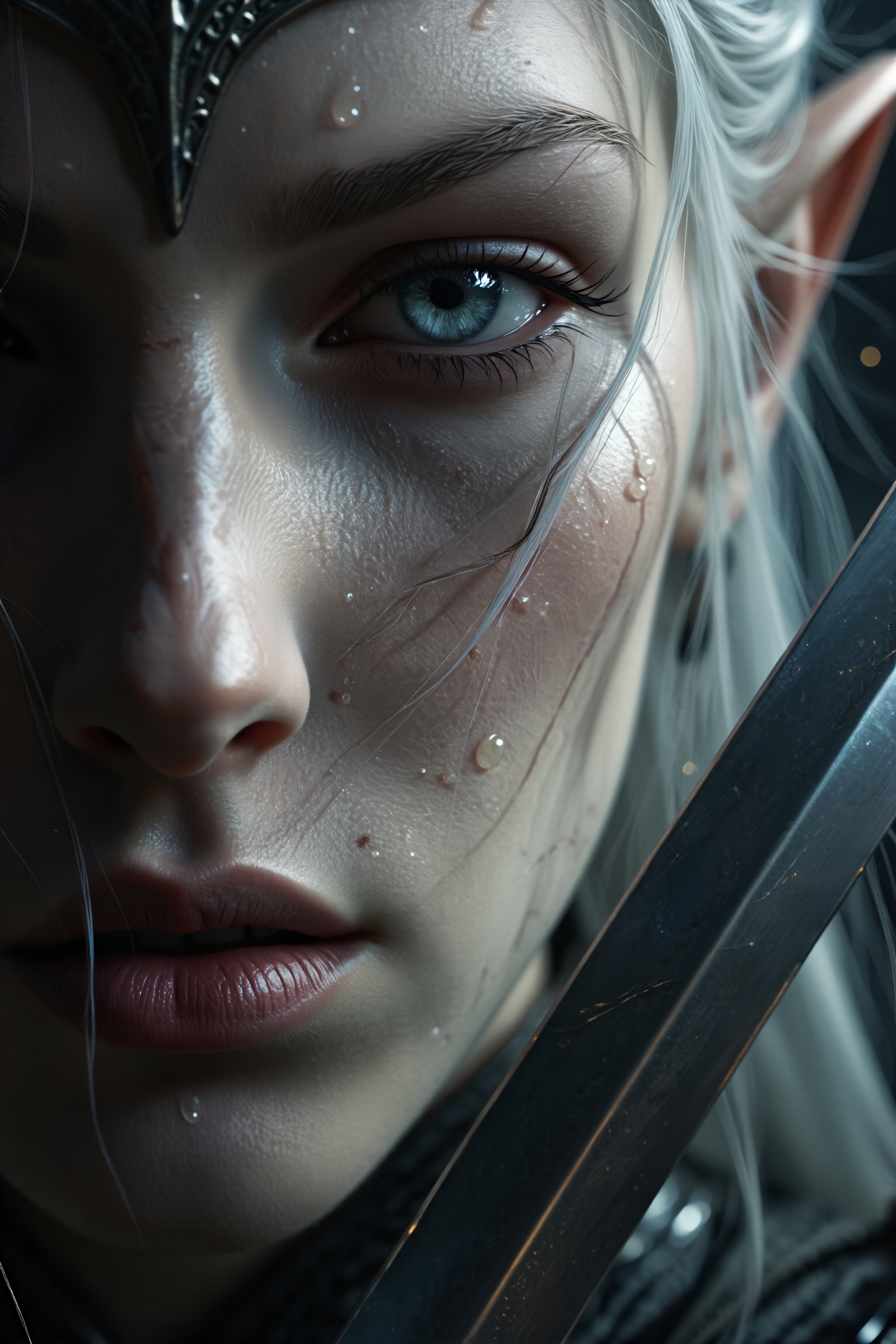 A stunning,  hyper-realistic close-up captures the face of a beautiful elven swordswoman,  poised for battle. Her intense...