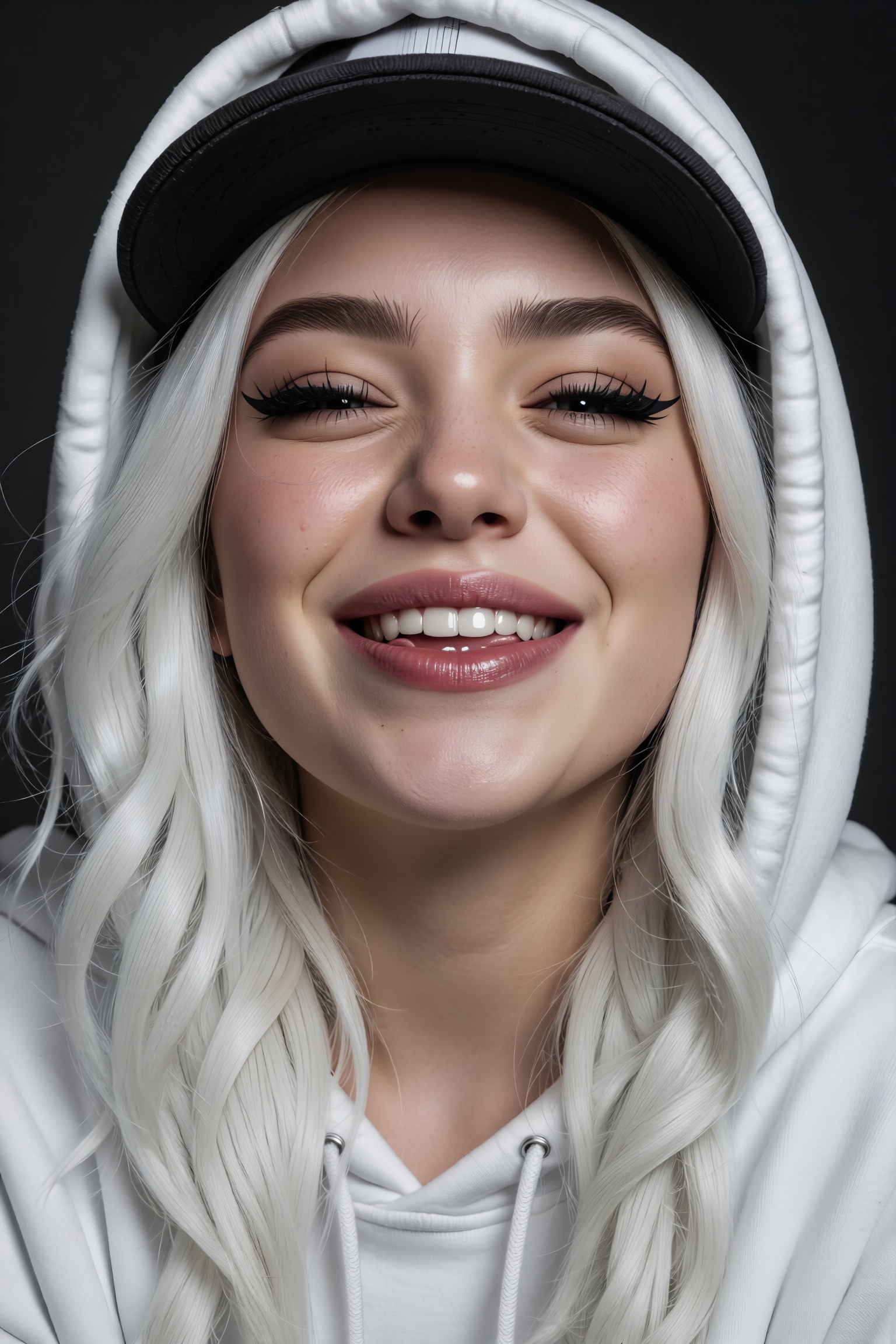 A hyperrealistic masterpiece photography featuring a young woman with bold eyeliner,  sensuous lips,  and a cheeky on Tens...