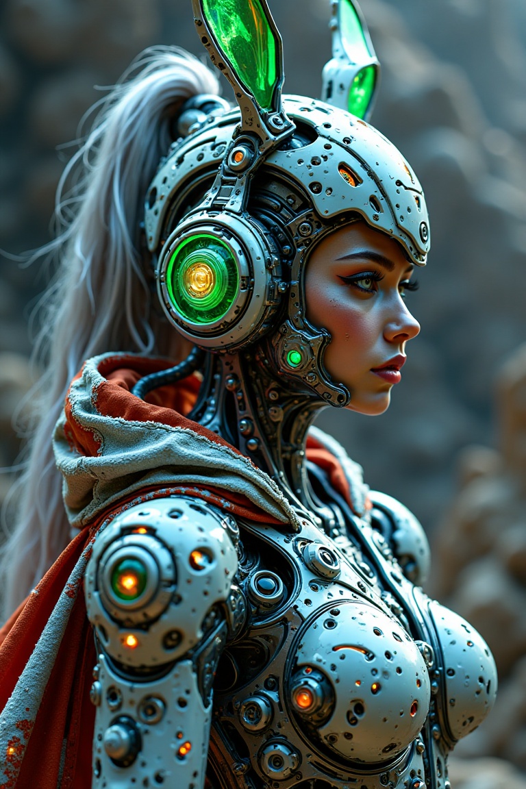 Side view of a majestic mecha girl wearing glowing translucent glass headgear merged with headphones,  green glowing bunny...