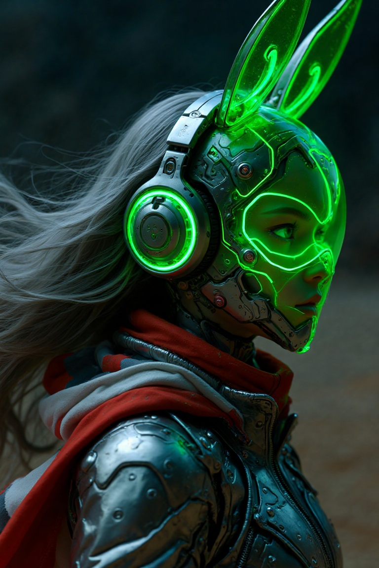 Side view of a majestic mecha girl wearing glowing translucent glass headgear merged with headphones,  green glowing bunny...