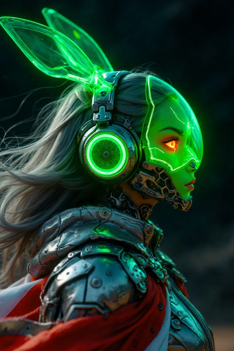 Side view of a majestic mecha girl wearing glowing translucent glass headgear merged with headphones,  green glowing bunny...