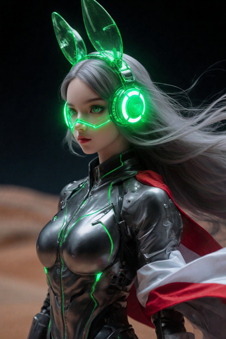 Side view of a majestic mecha girl wearing glowing translucent glass headgear merged with headphones,  green glowing bunny...