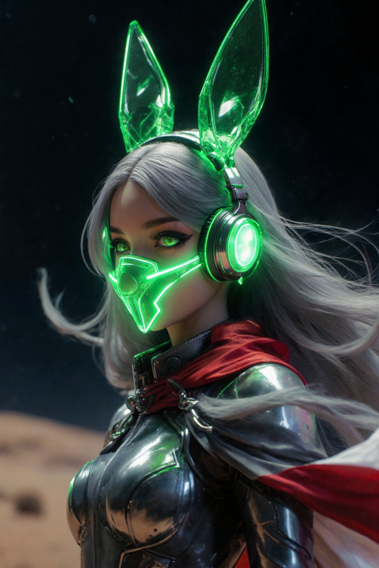 Side view of a majestic mecha girl wearing glowing translucent glass headgear merged with headphones,  green glowing bunny...