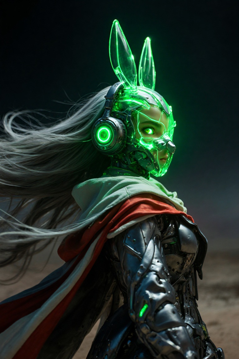 Side view of a majestic mecha girl wearing glowing translucent glass headgear merged with headphones,  green glowing mecha...