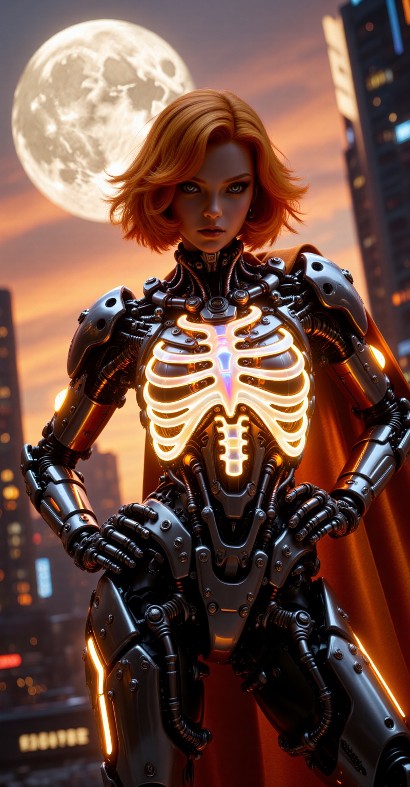 Close-up shot of a mecha girl in a sleek holographic exosuit,  standing confidently in a futuristic cityscape at sunset. H...